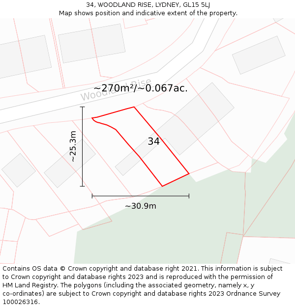 34, WOODLAND RISE, LYDNEY, GL15 5LJ: Plot and title map