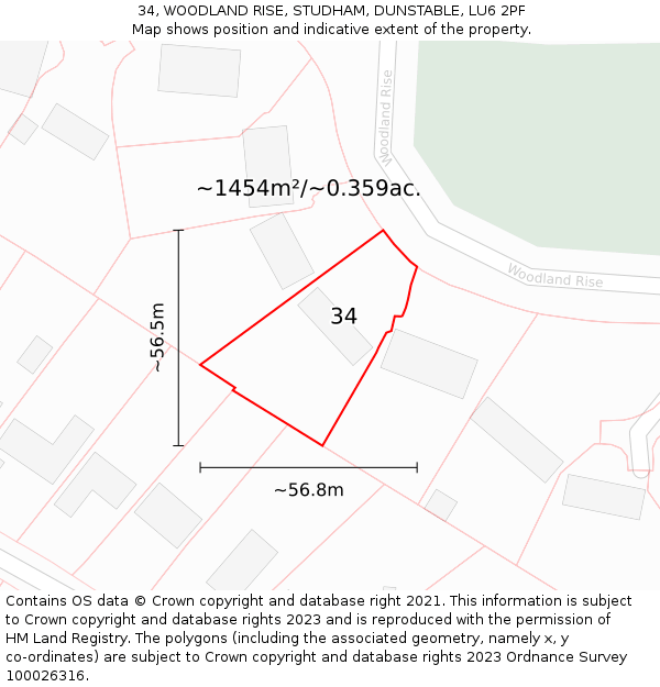 34, WOODLAND RISE, STUDHAM, DUNSTABLE, LU6 2PF: Plot and title map