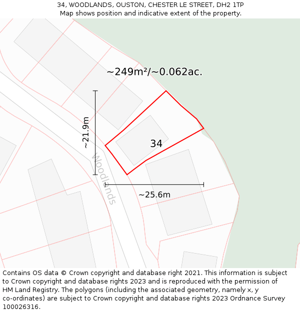 34, WOODLANDS, OUSTON, CHESTER LE STREET, DH2 1TP: Plot and title map