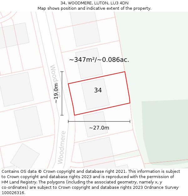 34, WOODMERE, LUTON, LU3 4DN: Plot and title map