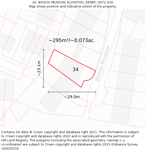 34, WOODS MEADOW, ELVASTON, DERBY, DE72 3UX: Plot and title map