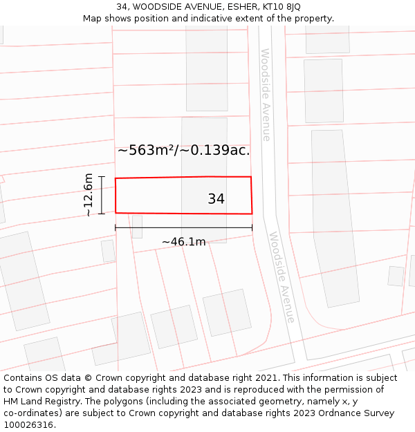 34, WOODSIDE AVENUE, ESHER, KT10 8JQ: Plot and title map