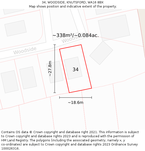 34, WOODSIDE, KNUTSFORD, WA16 8BX: Plot and title map