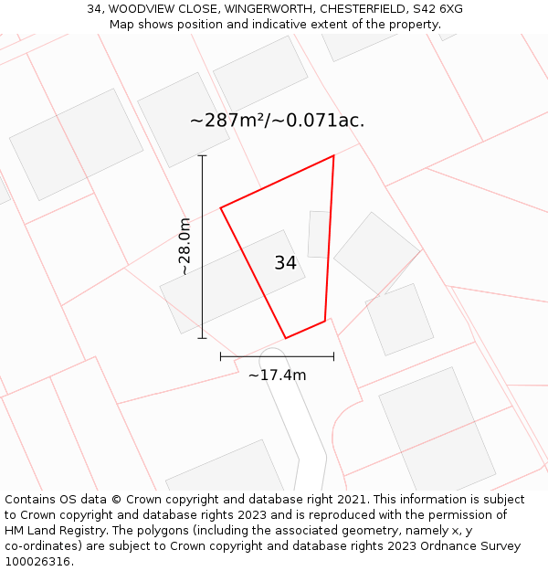 34, WOODVIEW CLOSE, WINGERWORTH, CHESTERFIELD, S42 6XG: Plot and title map