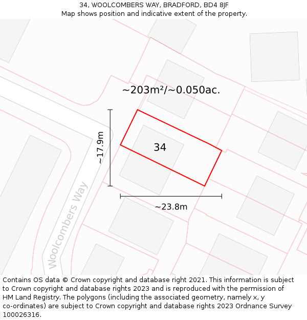 34, WOOLCOMBERS WAY, BRADFORD, BD4 8JF: Plot and title map