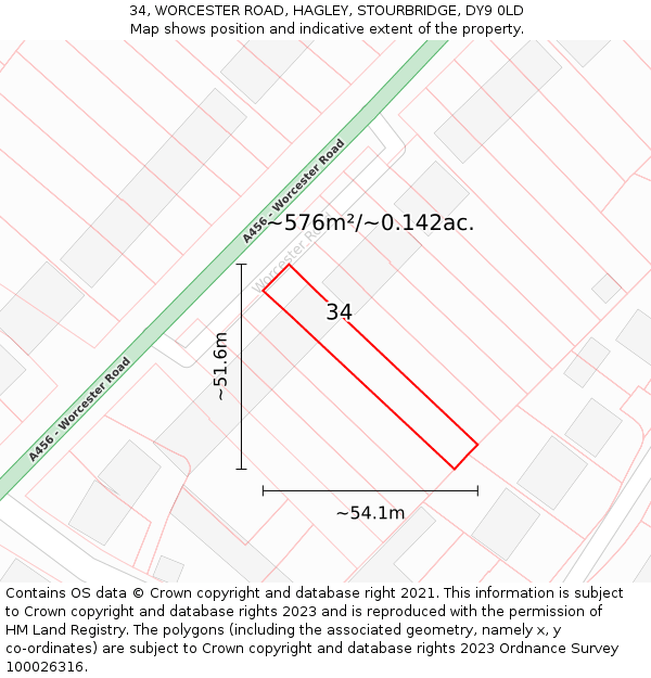 34, WORCESTER ROAD, HAGLEY, STOURBRIDGE, DY9 0LD: Plot and title map