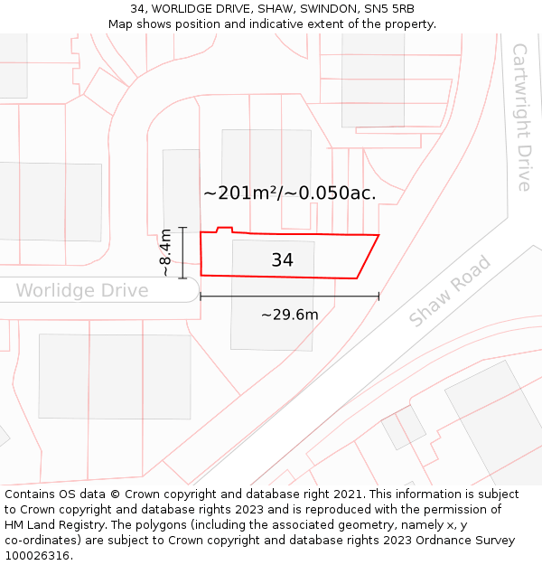 34, WORLIDGE DRIVE, SHAW, SWINDON, SN5 5RB: Plot and title map