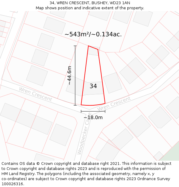 34, WREN CRESCENT, BUSHEY, WD23 1AN: Plot and title map