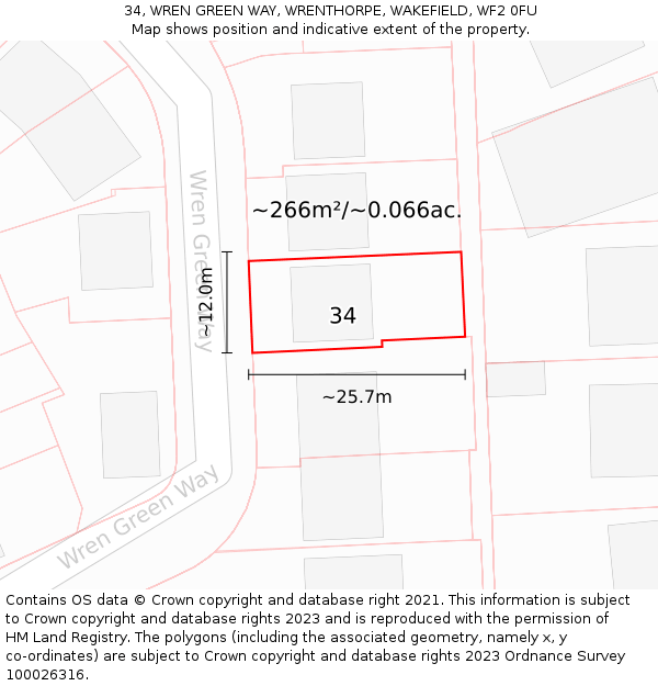 34, WREN GREEN WAY, WRENTHORPE, WAKEFIELD, WF2 0FU: Plot and title map