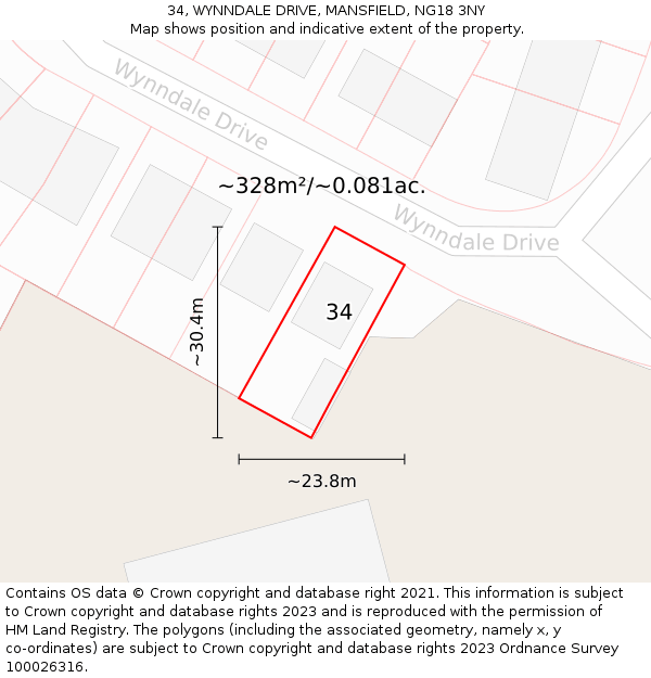 34, WYNNDALE DRIVE, MANSFIELD, NG18 3NY: Plot and title map