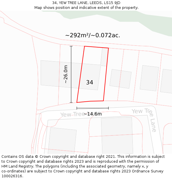 34, YEW TREE LANE, LEEDS, LS15 9JD: Plot and title map