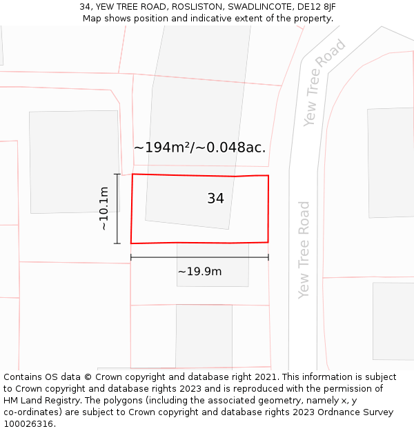 34, YEW TREE ROAD, ROSLISTON, SWADLINCOTE, DE12 8JF: Plot and title map