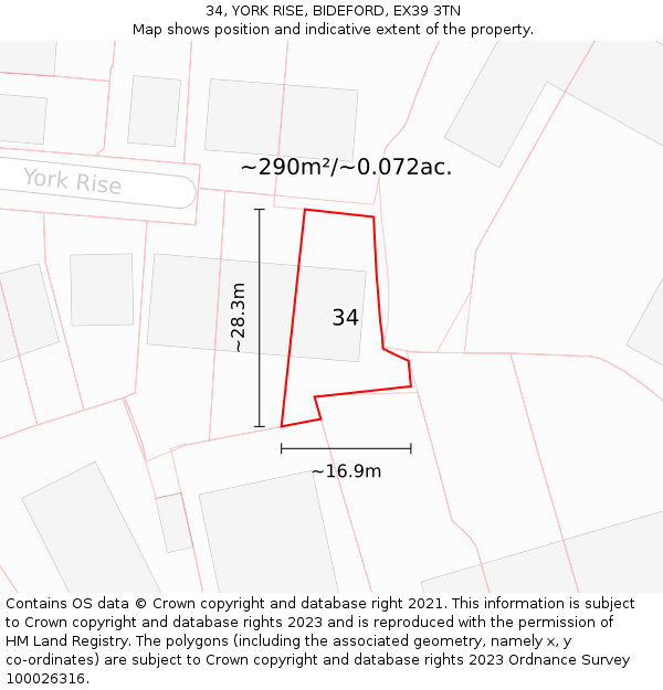 34, YORK RISE, BIDEFORD, EX39 3TN: Plot and title map