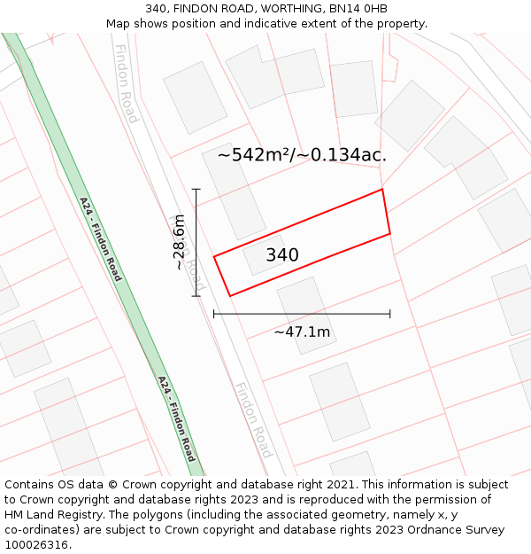 340, FINDON ROAD, WORTHING, BN14 0HB: Plot and title map