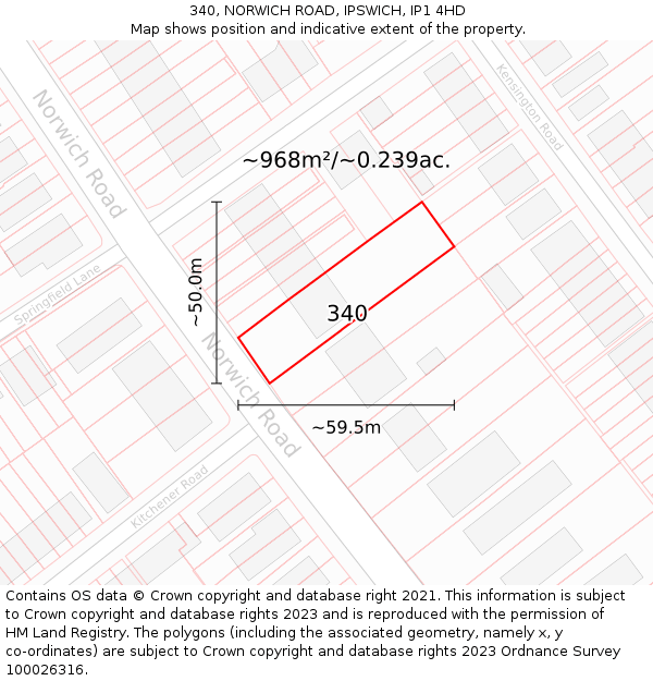 340, NORWICH ROAD, IPSWICH, IP1 4HD: Plot and title map