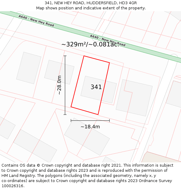 341, NEW HEY ROAD, HUDDERSFIELD, HD3 4GR: Plot and title map