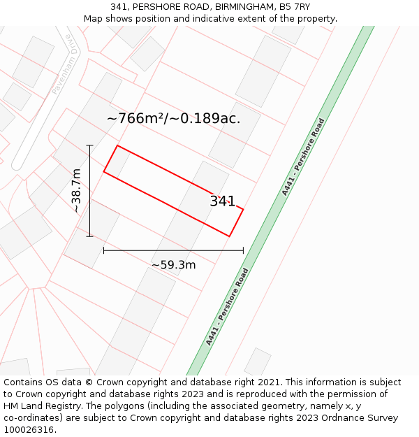 341, PERSHORE ROAD, BIRMINGHAM, B5 7RY: Plot and title map