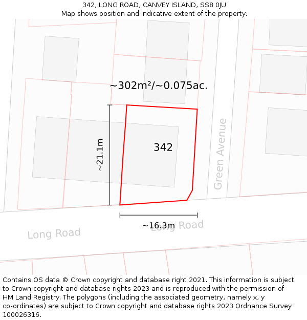 342, LONG ROAD, CANVEY ISLAND, SS8 0JU: Plot and title map