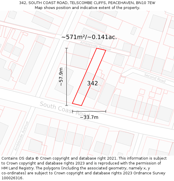 342, SOUTH COAST ROAD, TELSCOMBE CLIFFS, PEACEHAVEN, BN10 7EW: Plot and title map