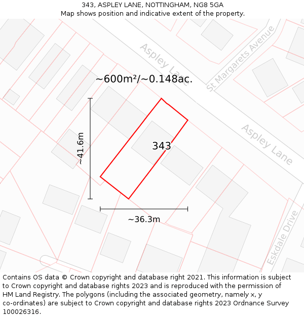 343, ASPLEY LANE, NOTTINGHAM, NG8 5GA: Plot and title map