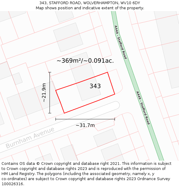 343, STAFFORD ROAD, WOLVERHAMPTON, WV10 6DY: Plot and title map