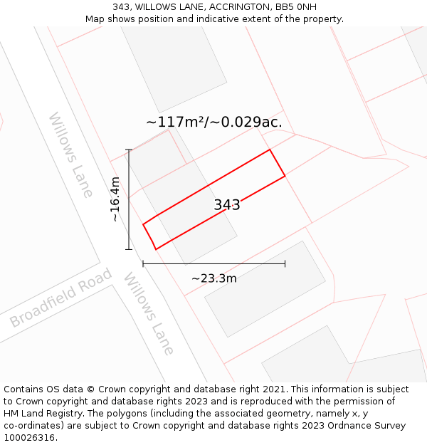 343, WILLOWS LANE, ACCRINGTON, BB5 0NH: Plot and title map