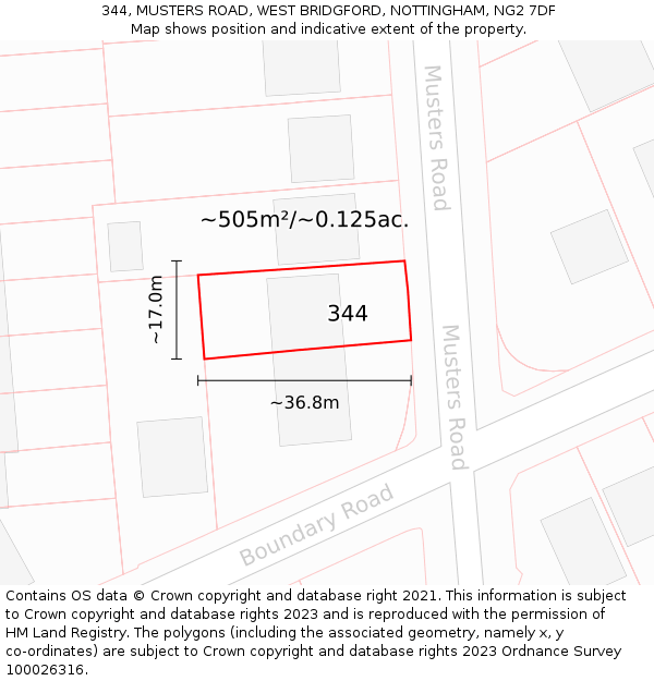 344, MUSTERS ROAD, WEST BRIDGFORD, NOTTINGHAM, NG2 7DF: Plot and title map