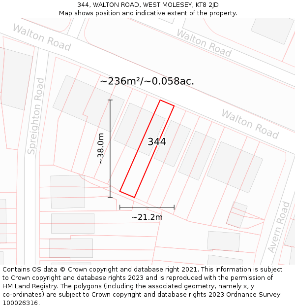 344, WALTON ROAD, WEST MOLESEY, KT8 2JD: Plot and title map