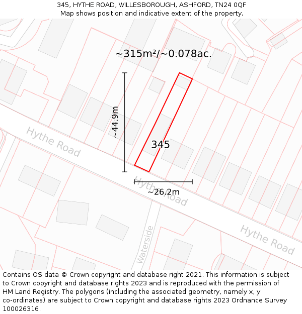 345, HYTHE ROAD, WILLESBOROUGH, ASHFORD, TN24 0QF: Plot and title map