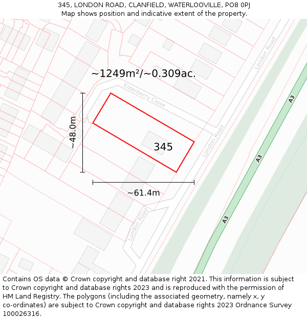 345, LONDON ROAD, CLANFIELD, WATERLOOVILLE, PO8 0PJ: Plot and title map