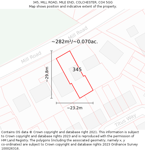 345, MILL ROAD, MILE END, COLCHESTER, CO4 5GG: Plot and title map