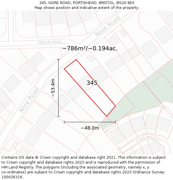 345, NORE ROAD, PORTISHEAD, BRISTOL, BS20 8EX: Plot and title map