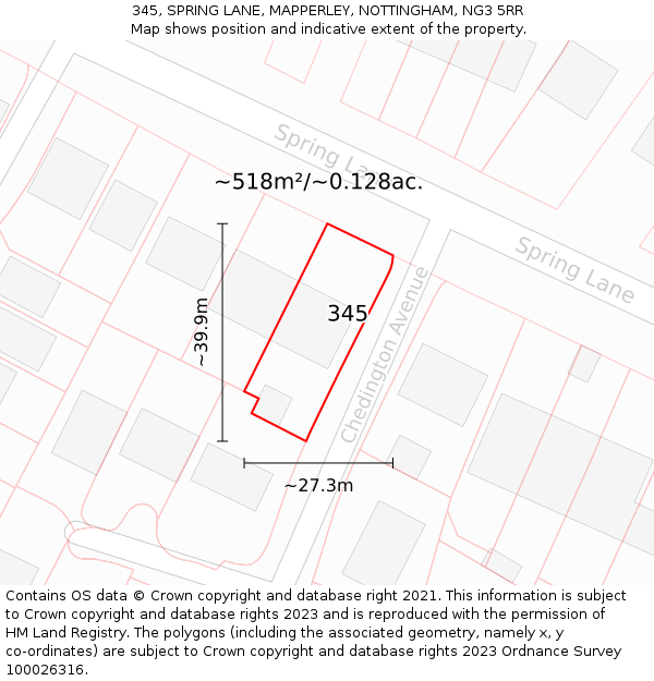 345, SPRING LANE, MAPPERLEY, NOTTINGHAM, NG3 5RR: Plot and title map