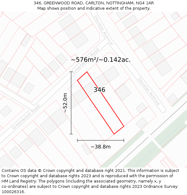 346, GREENWOOD ROAD, CARLTON, NOTTINGHAM, NG4 1AR: Plot and title map