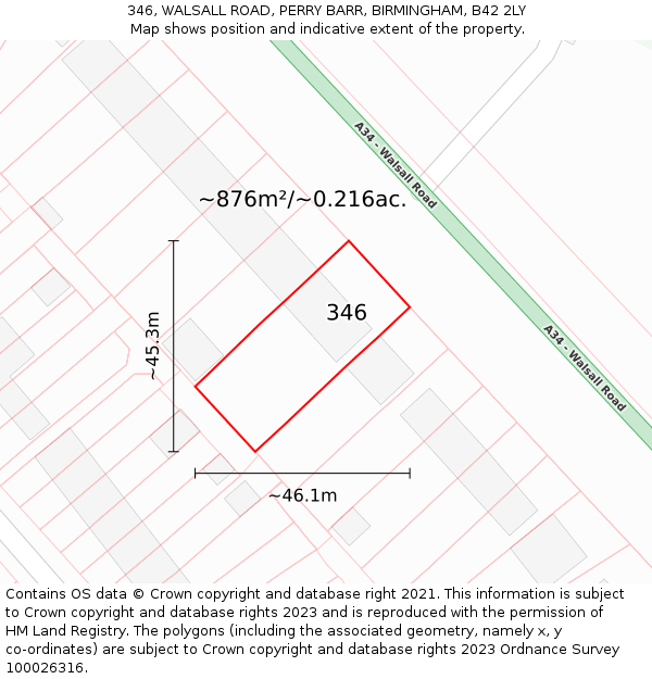 346, WALSALL ROAD, PERRY BARR, BIRMINGHAM, B42 2LY: Plot and title map