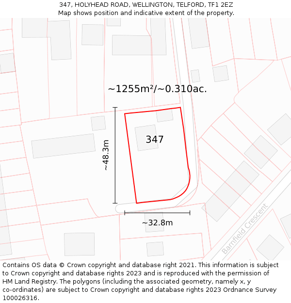 347, HOLYHEAD ROAD, WELLINGTON, TELFORD, TF1 2EZ: Plot and title map