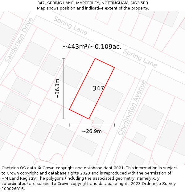 347, SPRING LANE, MAPPERLEY, NOTTINGHAM, NG3 5RR: Plot and title map