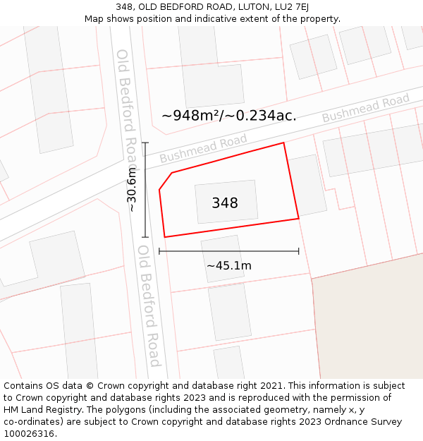 348, OLD BEDFORD ROAD, LUTON, LU2 7EJ: Plot and title map
