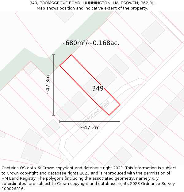 349, BROMSGROVE ROAD, HUNNINGTON, HALESOWEN, B62 0JL: Plot and title map