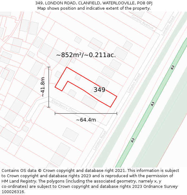 349, LONDON ROAD, CLANFIELD, WATERLOOVILLE, PO8 0PJ: Plot and title map