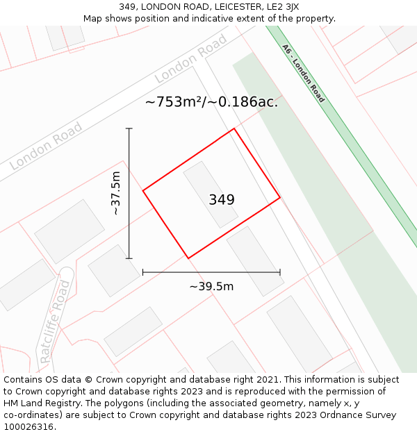 349, LONDON ROAD, LEICESTER, LE2 3JX: Plot and title map