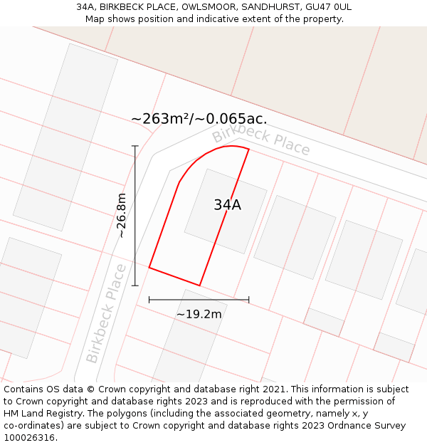 34A, BIRKBECK PLACE, OWLSMOOR, SANDHURST, GU47 0UL: Plot and title map