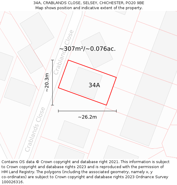 34A, CRABLANDS CLOSE, SELSEY, CHICHESTER, PO20 9BE: Plot and title map