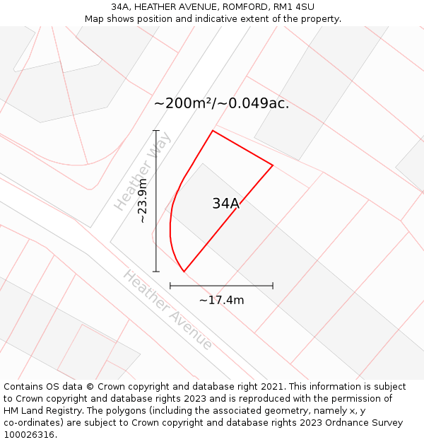 34A, HEATHER AVENUE, ROMFORD, RM1 4SU: Plot and title map