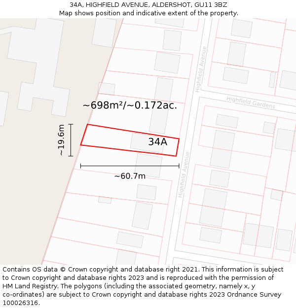 34A, HIGHFIELD AVENUE, ALDERSHOT, GU11 3BZ: Plot and title map