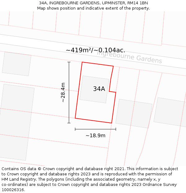 34A, INGREBOURNE GARDENS, UPMINSTER, RM14 1BN: Plot and title map