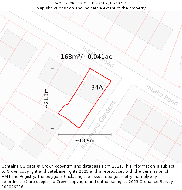 34A, INTAKE ROAD, PUDSEY, LS28 9BZ: Plot and title map