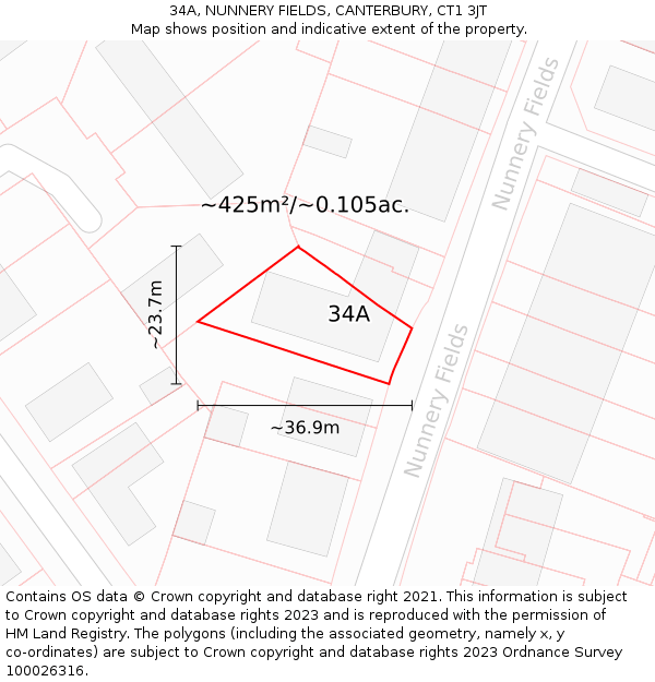 34A, NUNNERY FIELDS, CANTERBURY, CT1 3JT: Plot and title map