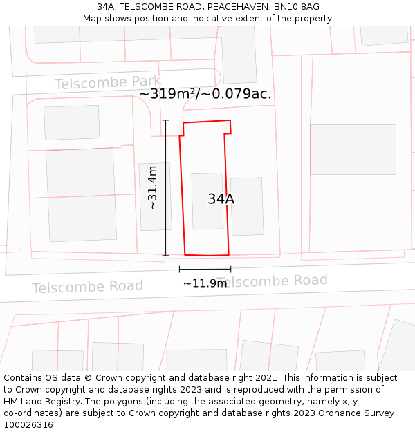 34A, TELSCOMBE ROAD, PEACEHAVEN, BN10 8AG: Plot and title map