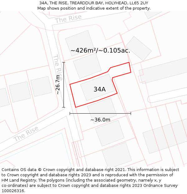 34A, THE RISE, TREARDDUR BAY, HOLYHEAD, LL65 2UY: Plot and title map
